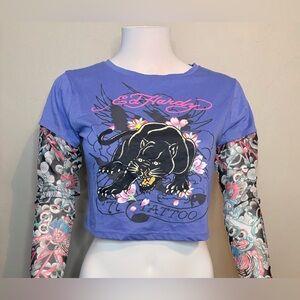 Ed Hardy Swallow 2fer Midnight long Sleeve crop t shirt